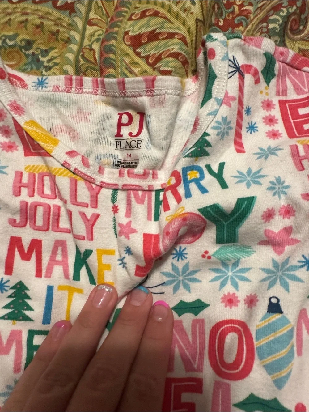 Place Girls' White Holiday Word-Print Pajama Set with Pink & Green Accents